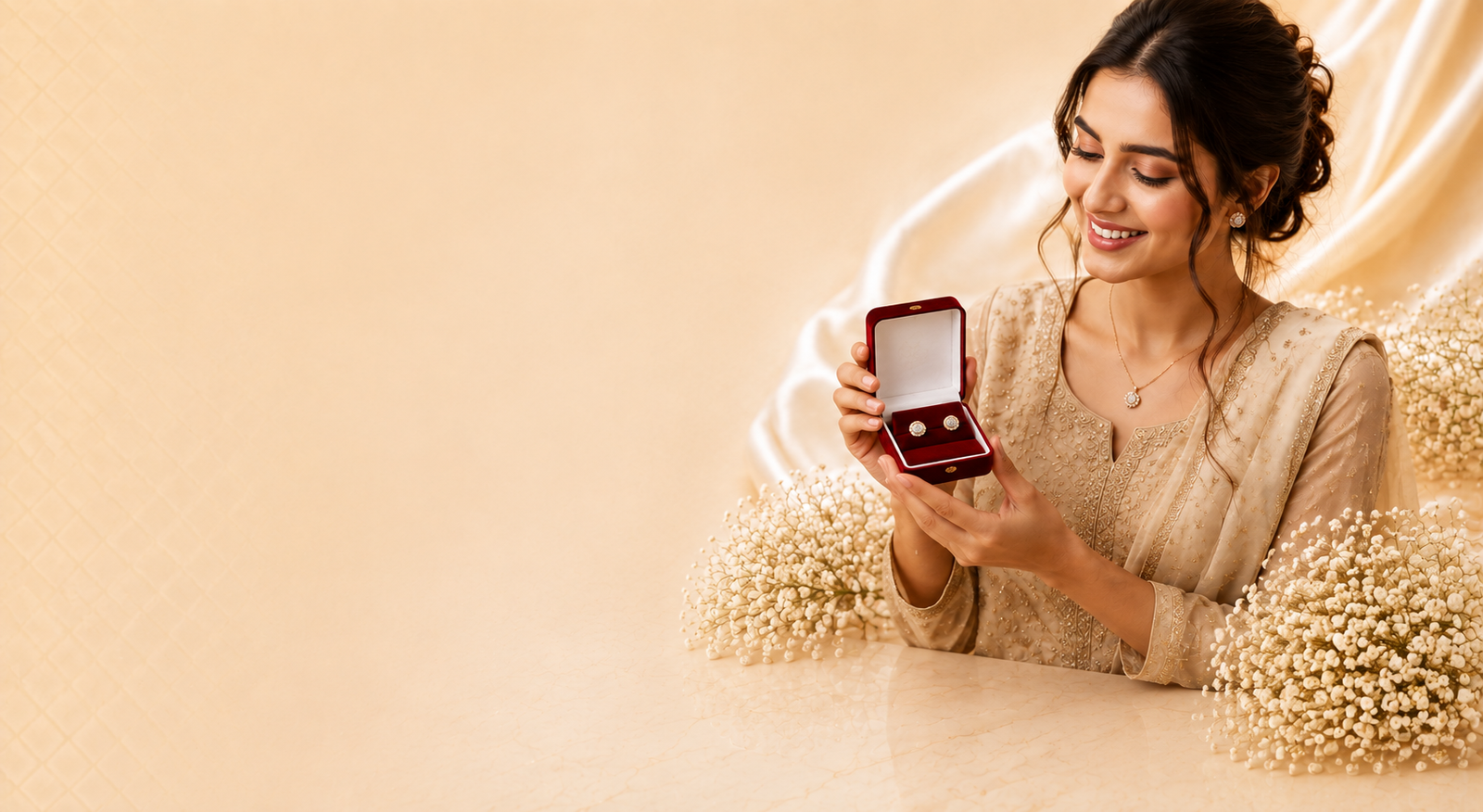 Customer admiring a pair of earrings in a velvet jewellery box