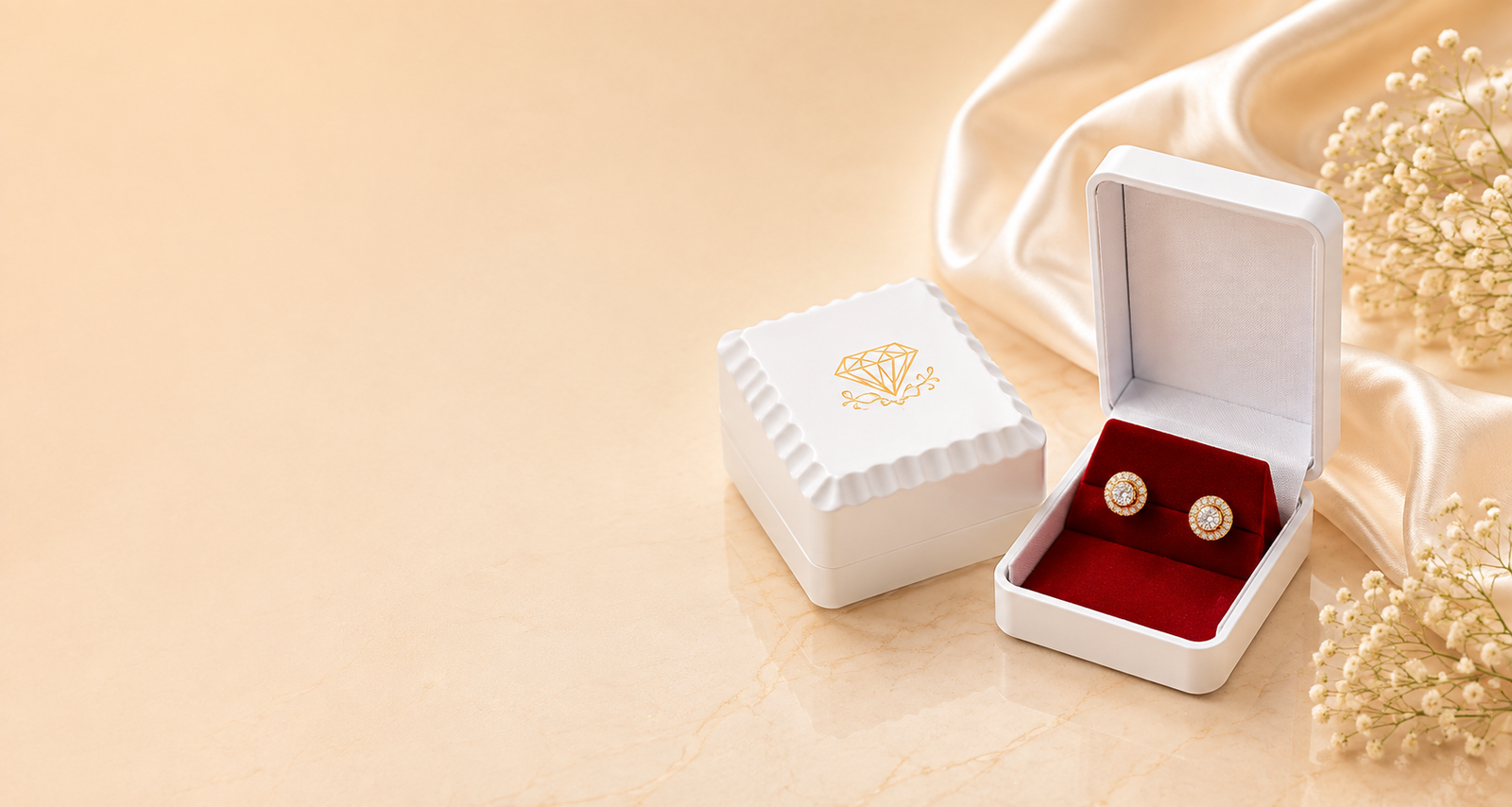 White earring box with red velvet interior