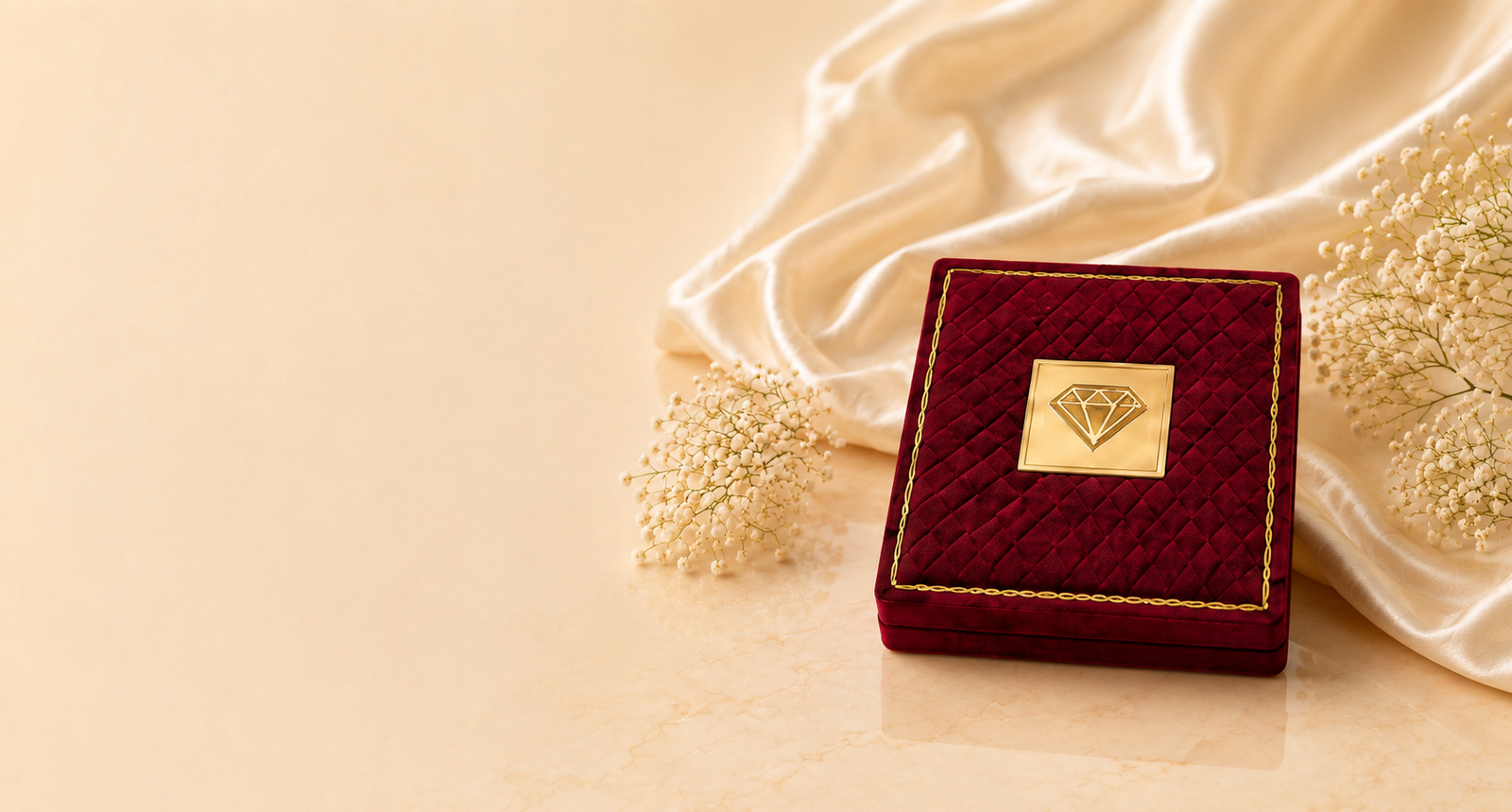 Quilted maroon velvet necklace box with gold diamond nameplate