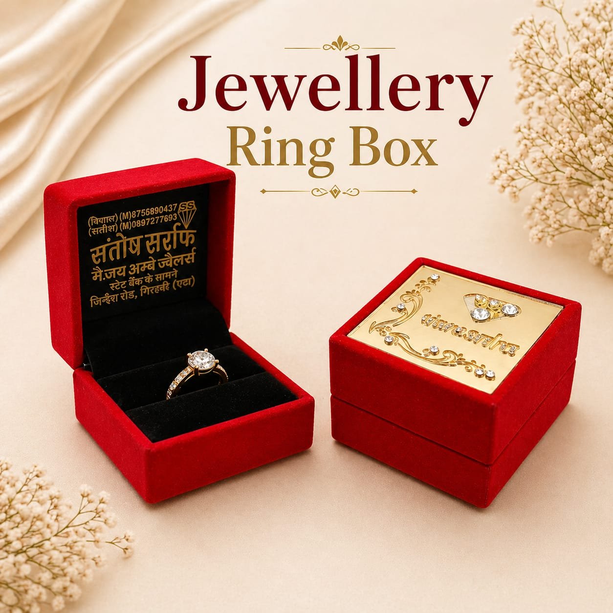 Sample jewellery box with jeweller's name printed on lid